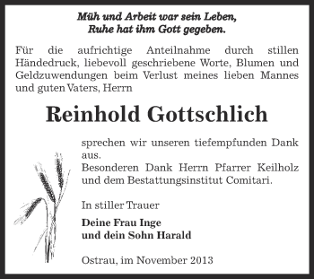 Traueranzeige von Reinhold Gottschlich von Super Sonntag Zeitz