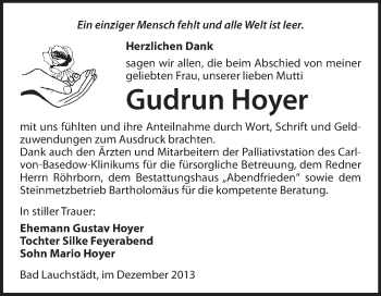 Traueranzeige von Gudrun Hoyer von WVG - Wochenspiegel Merseburg