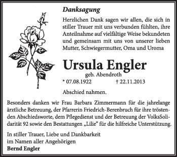 Traueranzeige von Ursula Engler von Super Sonntag Dessau / Köthen