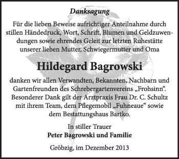 Traueranzeige von Hildegard Bagrowski von Super Sonntag Dessau / Köthen