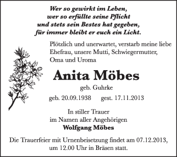 Traueranzeige von Anita Möbes von Super Sonntag Dessau / Köthen