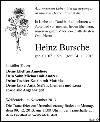 Traueranzeige von Heinz Bursche von WVG - Wochenspiegel NMB / WSF / ZTZ