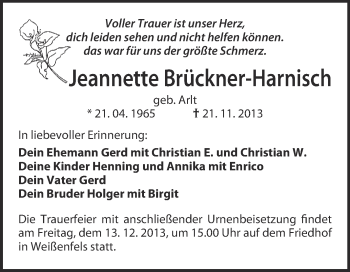 Traueranzeige von Jeannette Brückner-Harnisch von WVG - Wochenspiegel NMB / WSF / ZTZ