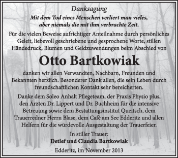 Traueranzeige von Otto Bartkowiak von Super Sonntag Dessau / Köthen