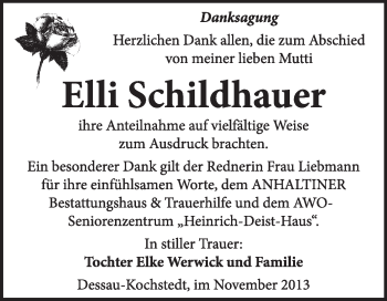 Traueranzeige von Elli Schildhauer von Super Sonntag Dessau / Köthen