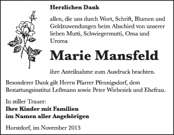 Traueranzeige von Marie Mansfeld von WVG - Wochenspiegel Wittenberg