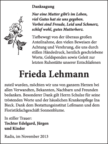 Traueranzeige von Frieda Lehmann von WVG - Wochenspiegel Wittenberg