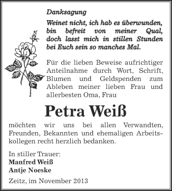 Traueranzeige von Petra Weiß von Super Sonntag Zeitz
