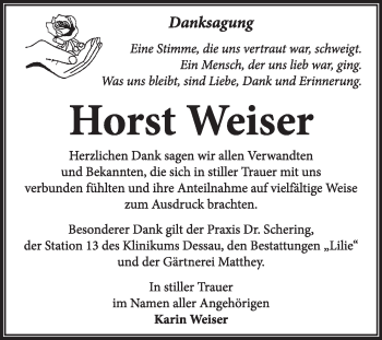Traueranzeige von Horst Weiser von Super Sonntag Dessau / Köthen