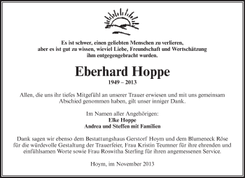 Traueranzeige von Eberhard Hoppe von Super Sonntag Aschersleben