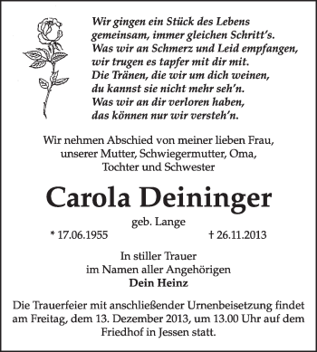 Traueranzeige von Carola Deininger von WVG - Wochenspiegel Wittenberg