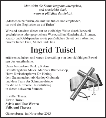 Traueranzeige von Ingrid Tuisel von WVG - Wochenspiegel Quedlinburg
