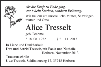 Traueranzeige von Alice Tresselt von Super Sonntag Quedlinburg