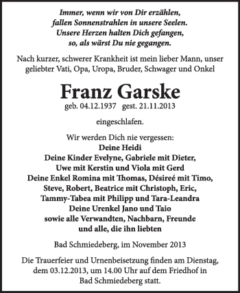 Traueranzeige von Franz Garske von WVG - Wochenspiegel Wittenberg