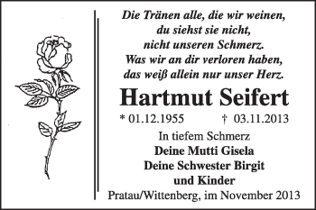 Traueranzeige von Hartmut Seifert von Super Sonntag Wittenberg