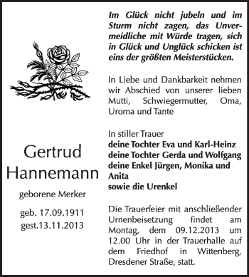 Traueranzeige von Gertrud Hannemann von WVG - Wochenspiegel Wittenberg