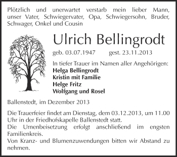 Traueranzeige von Ulrich Bellingrodt von WVG - Wochenspiegel Quedlinburg