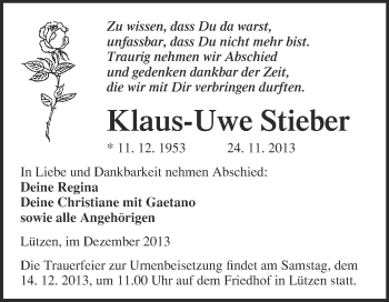 Traueranzeige von Klaus-Uwe Stieber von WVG - Wochenspiegel Merseburg
