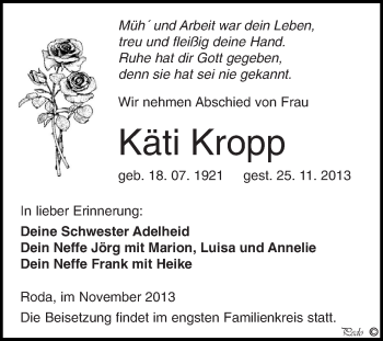 Traueranzeige von Käti Kropp von Super Sonntag Zeitz