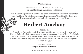Traueranzeige von Herbert Amelang von Super Sonntag Bernburg