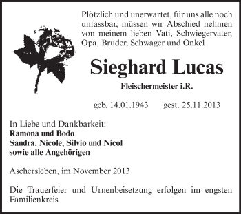 Traueranzeige von Sieghard Lucas von Super Sonntag Aschersleben