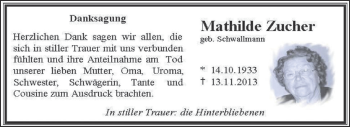 Traueranzeige von Mathilde Zucher von Super Sonntag Bernburg