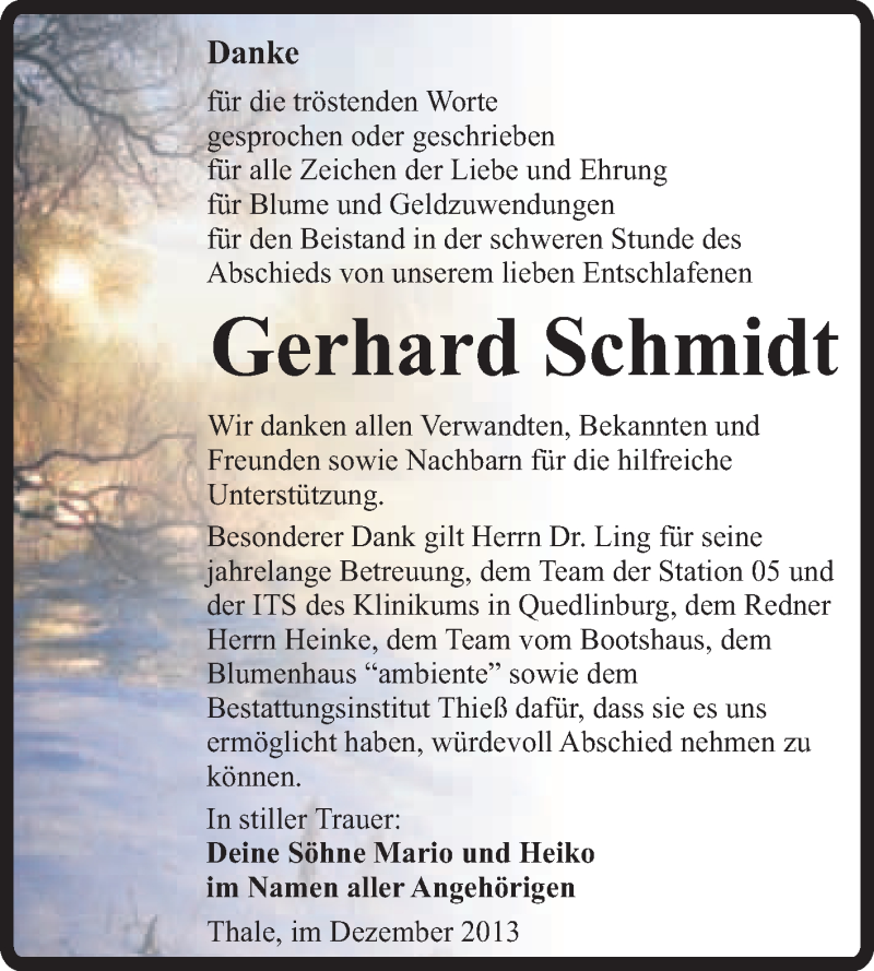 Traueranzeige für Gerhard Schmidt vom 01.12.2013 aus WVG - Wochenspiegel Quedlinburg