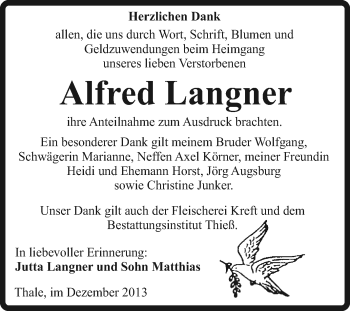 Traueranzeige von Alfred Langner von WVG - Wochenspiegel Quedlinburg