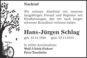 Traueranzeige von Hans-Jürgen Schlag von Super Sonntag Zeitz