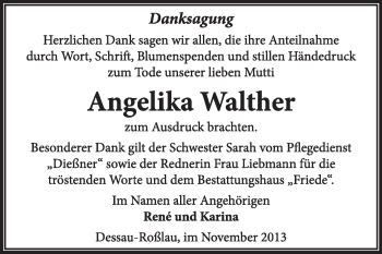 Traueranzeige von Angelika Walther von Super Sonntag Dessau / Köthen