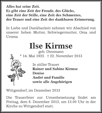 Traueranzeige von Ilse Kirmse von Super Sonntag Zeitz