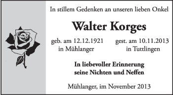 Traueranzeige von Walter Korges von Super Sonntag Wittenberg