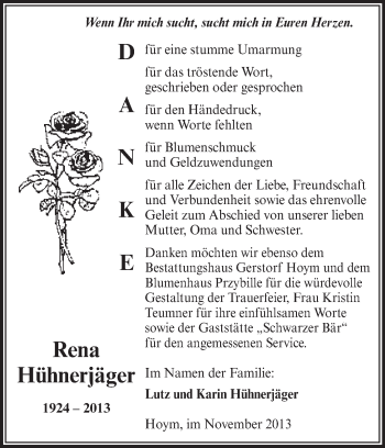 Traueranzeige von Rena Hühnerjäger von Super Sonntag Aschersleben