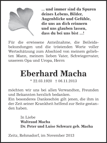 Traueranzeige von Eberhard Macha von Super Sonntag Zeitz