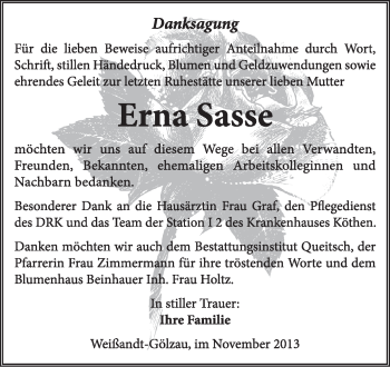 Traueranzeige von Erna Sasse von Super Sonntag Dessau / Köthen