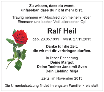 Traueranzeige von Ralf Heil von Super Sonntag Zeitz