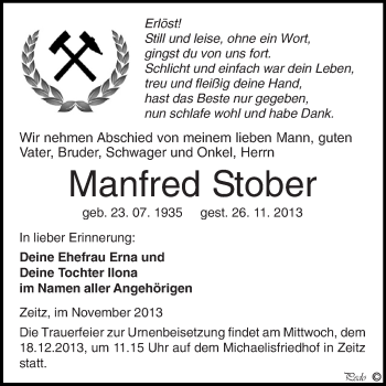 Traueranzeige von Manfred Stober von Super Sonntag Zeitz