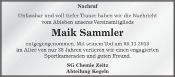 Traueranzeige von Maik Sammler von Super Sonntag Zeitz