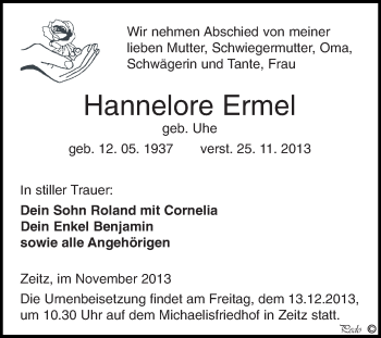 Traueranzeige von Hannelore Ermel von Super Sonntag Zeitz