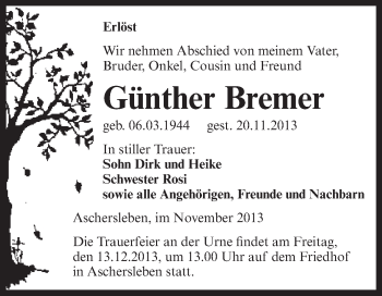 Traueranzeige von Günther Bremer von WVG - Wochenspiegel Aschersleben