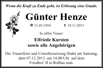 Traueranzeige von Günter Henze von Super Sonntag Dessau / Köthen