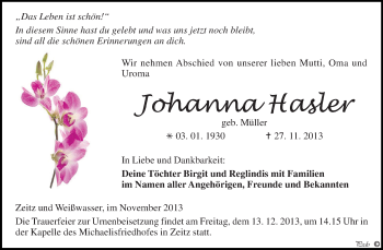 Traueranzeige von Johanna Hasler von Super Sonntag Zeitz