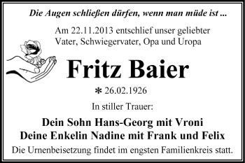 Traueranzeige von Fritz Baier von Super Sonntag Dessau / Köthen