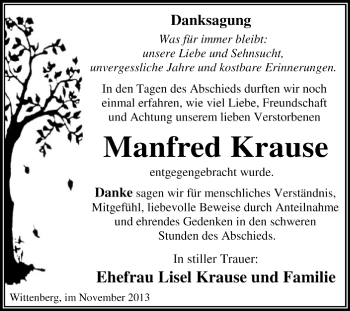 Traueranzeige von Manfred Krause von Super Sonntag Dessau / Köthen