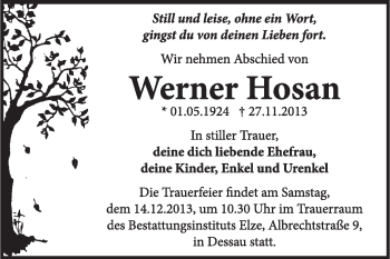 Traueranzeige von Werner Hosan von Super Sonntag Dessau / Köthen