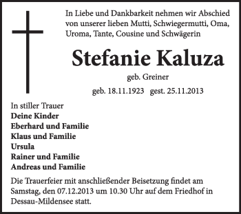 Traueranzeige von Stefanie Kaluza von Super Sonntag Dessau / Köthen