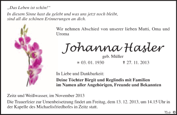 Traueranzeige von Johanna Hasler von WVG - Wochenspiegel NMB / WSF / ZTZ