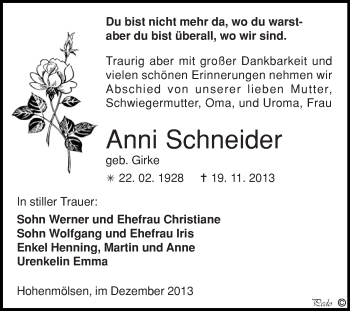 Traueranzeige von Anni Schneider von WVG - Wochenspiegel NMB / WSF / ZTZ