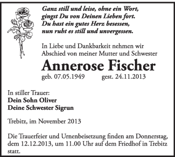 Traueranzeige von Annerose Fischer von WVG - Wochenspiegel Wittenberg