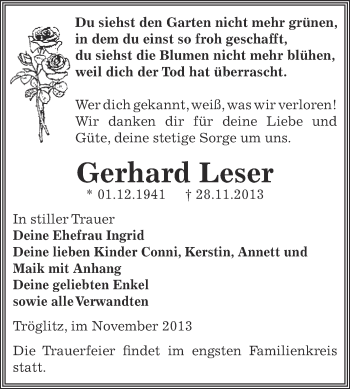 Traueranzeige von Gerhard Leser von Super Sonntag Zeitz